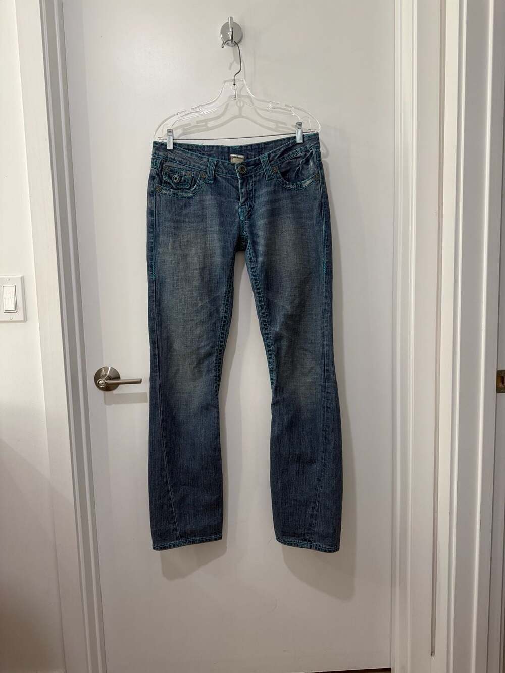 True Religion Brand Jeans Women's Bootcut Blue Denim with Teal Contrast Stitchin